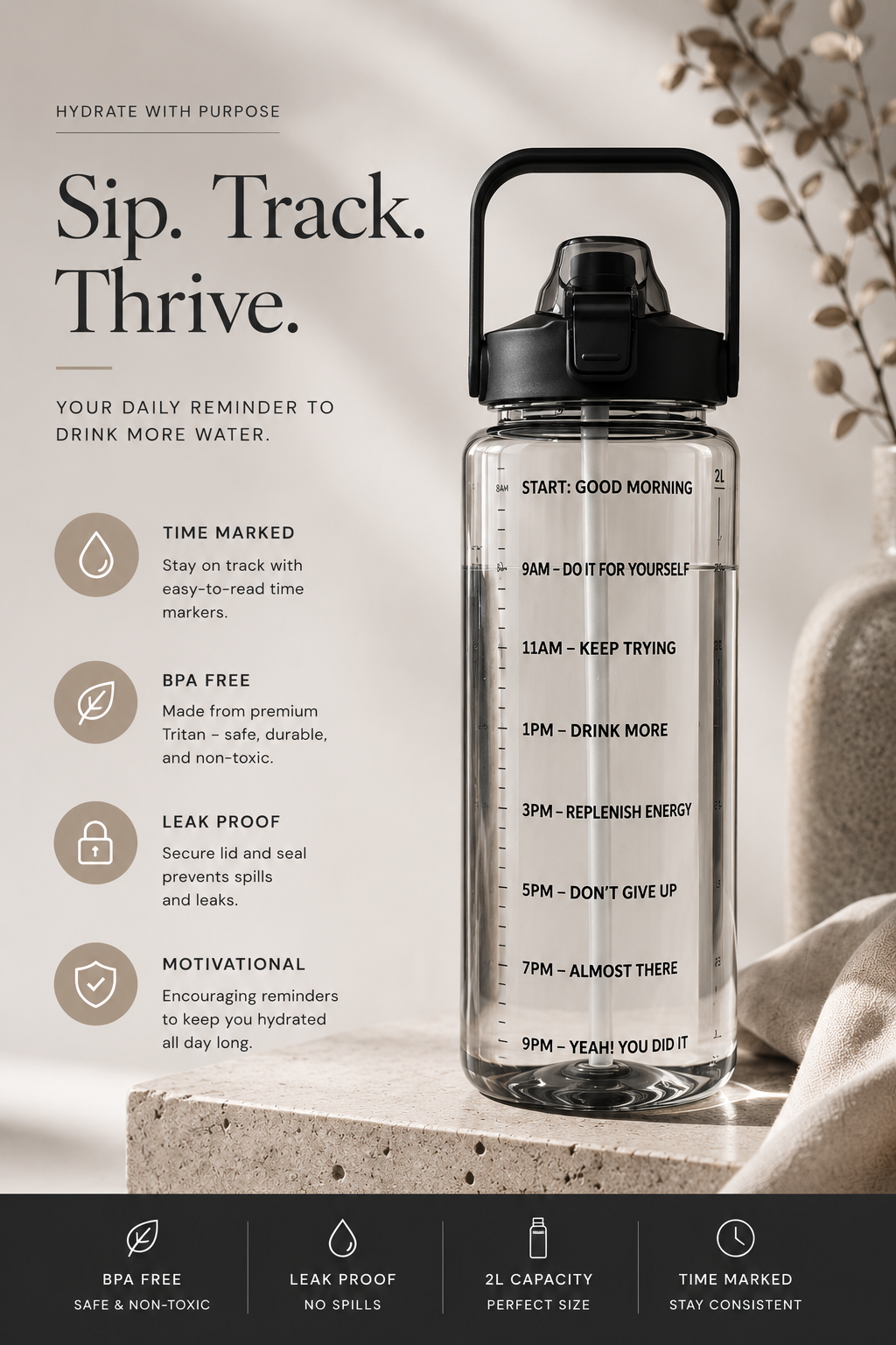 2L Water Bottle Sports Water Bottle with Straw