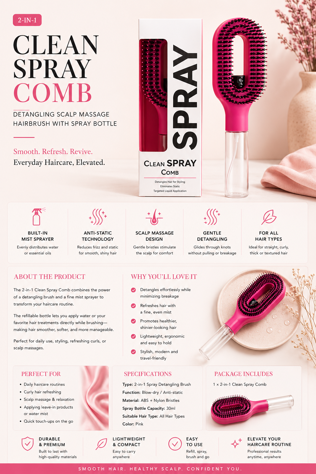 2-in-1 Mist Spray Detangling Brush