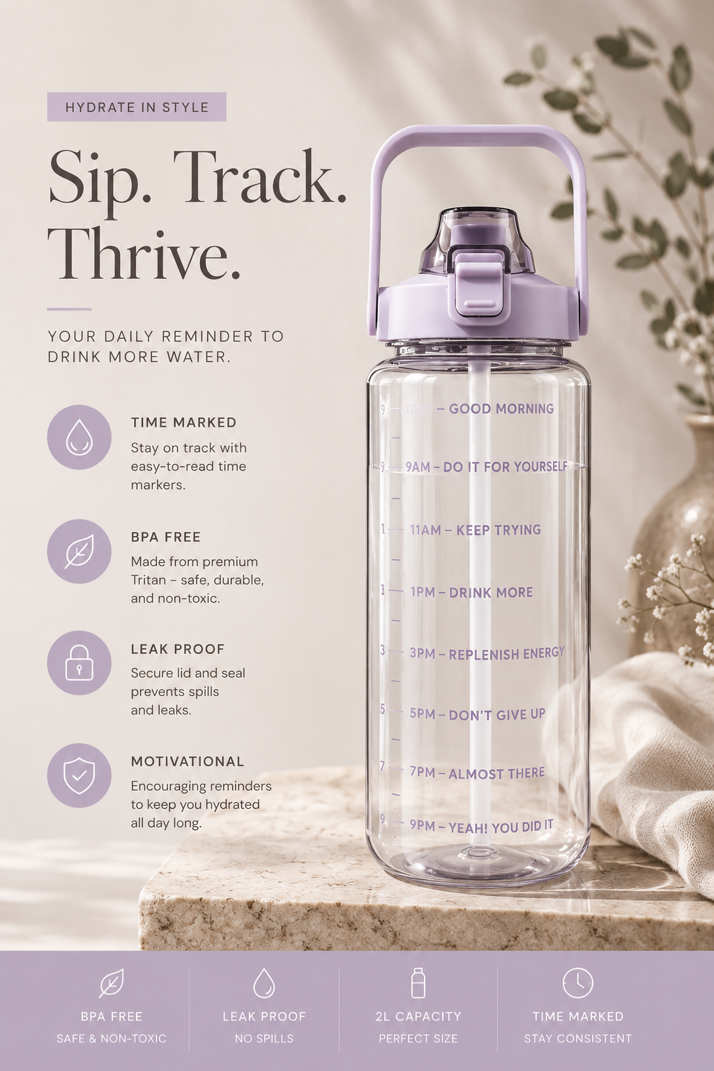 2L Water Bottle Sports Water Bottle with Straw