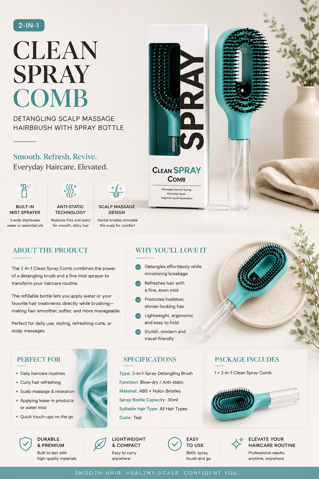 2-in-1 Mist Spray Detangling Brush
