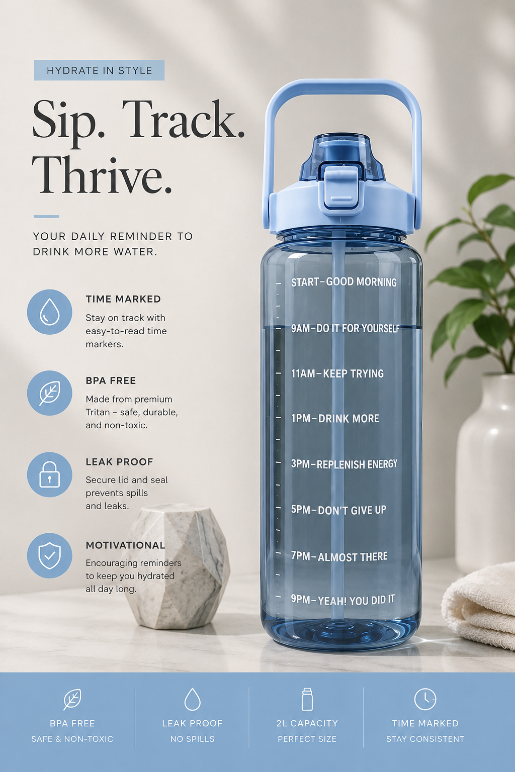 2L Water Bottle Sports Water Bottle with Straw