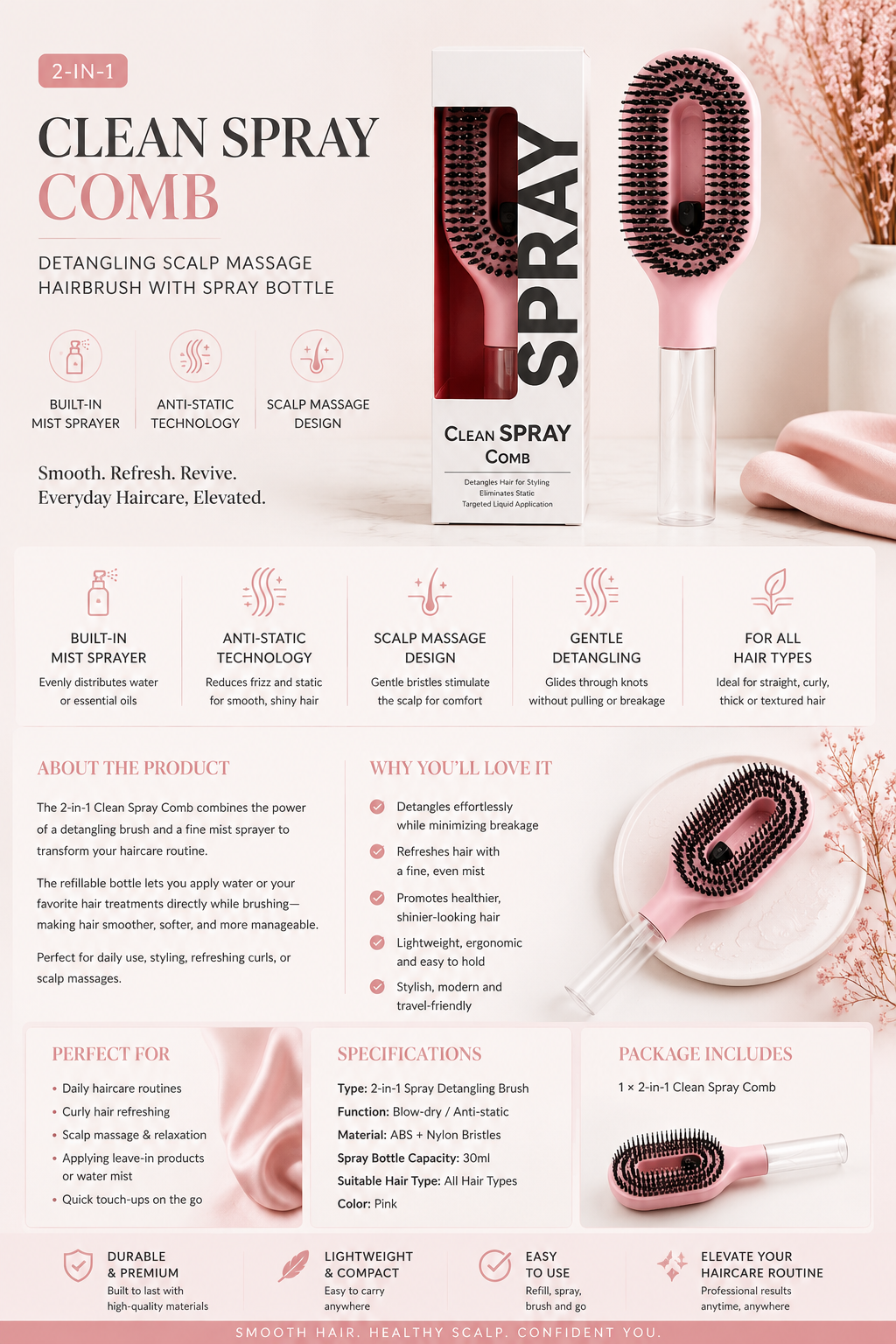2-in-1 Mist Spray Detangling Brush
