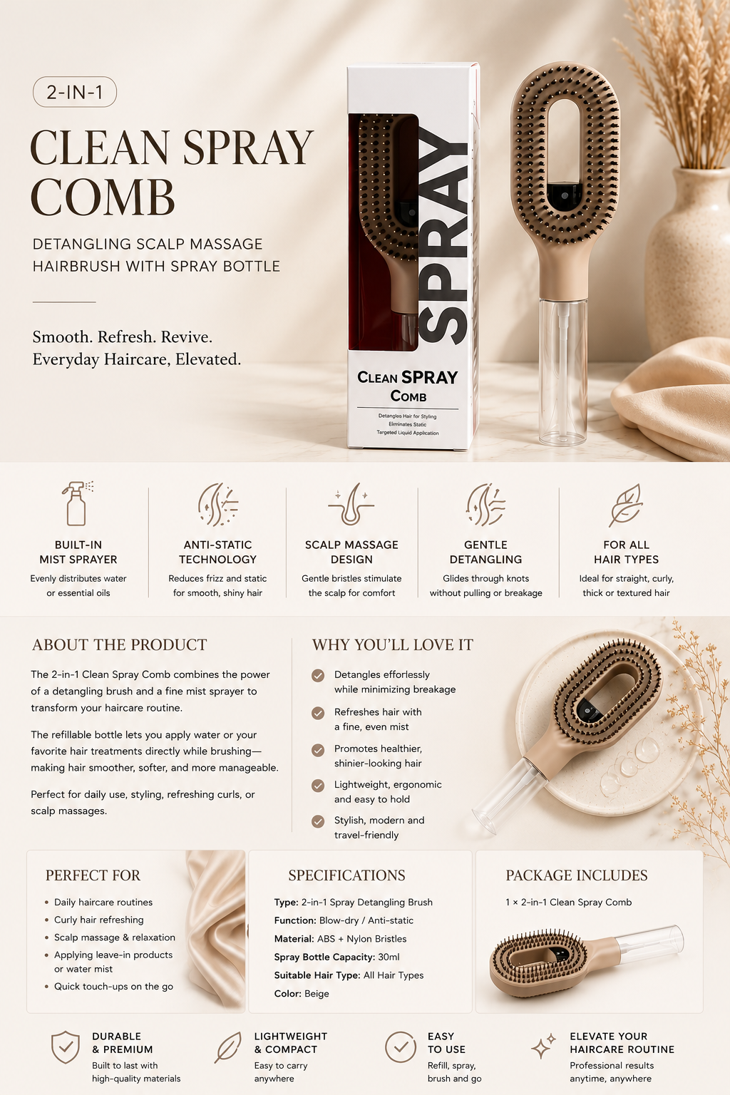 2-in-1 Mist Spray Detangling Brush