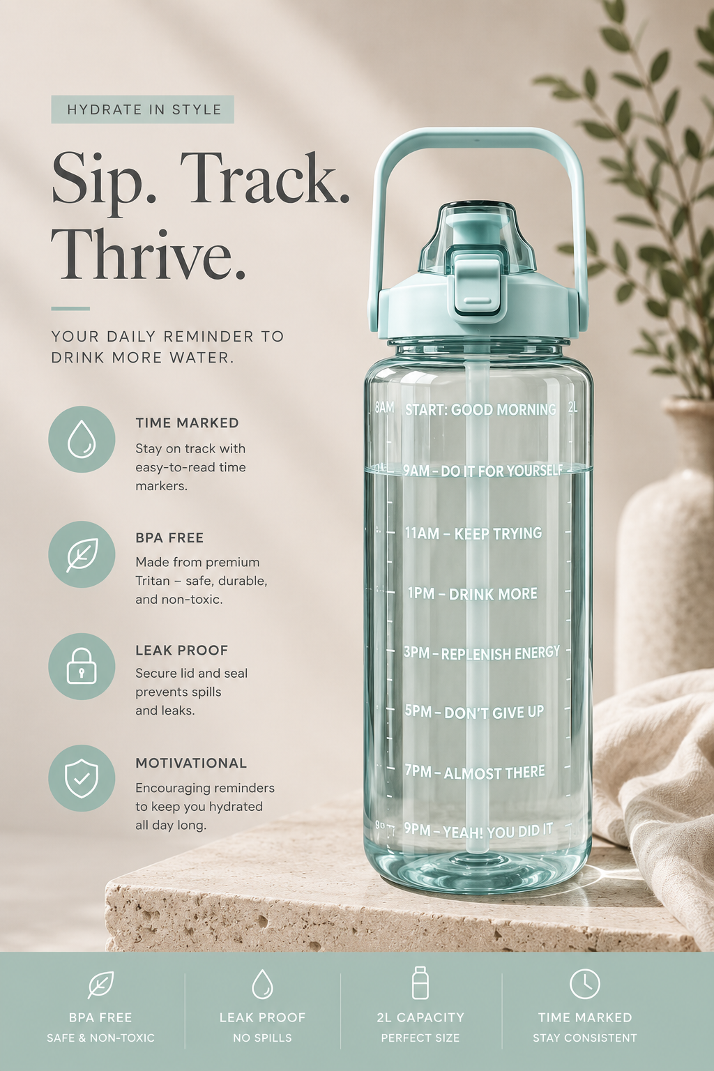 2L Water Bottle Sports Water Bottle with Straw