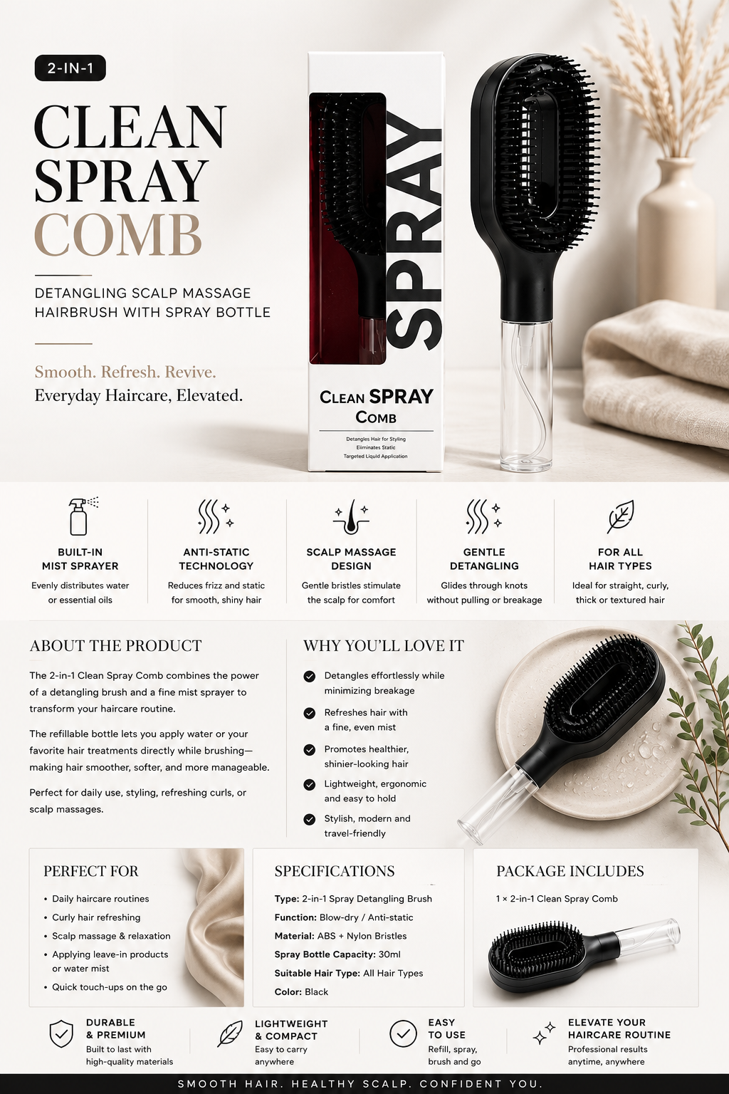 2-in-1 Mist Spray Detangling Brush