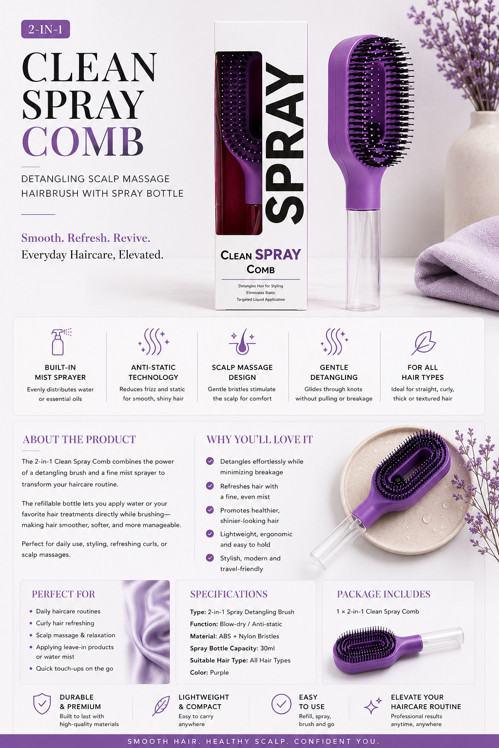 2-in-1 Mist Spray Detangling Brush